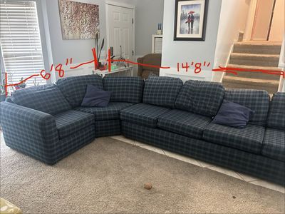 Plaid Fabric Sectional Sofa - Blue and Green