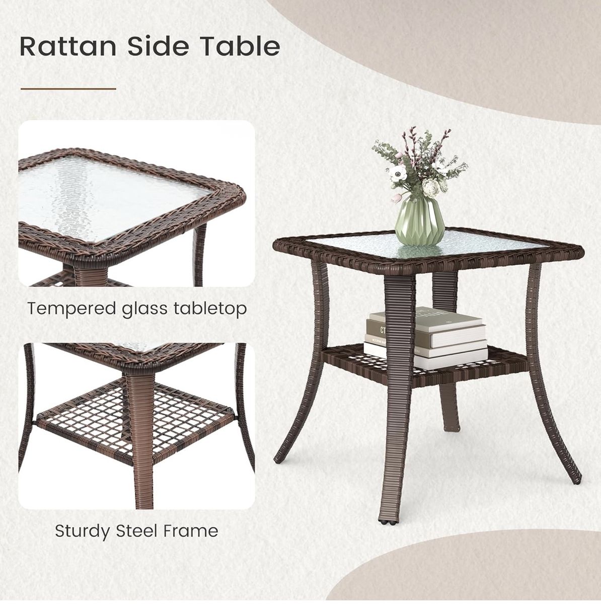 Outdoor Patio Furniture Set - Rattan Wicker Swivel Chairs & Glass Top Side Table, Brown/Red brand new