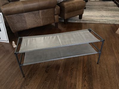 Compact 2-Tier Shoe Rack with Bottom Tray - Grey Fabric Shelves, Metal Frame