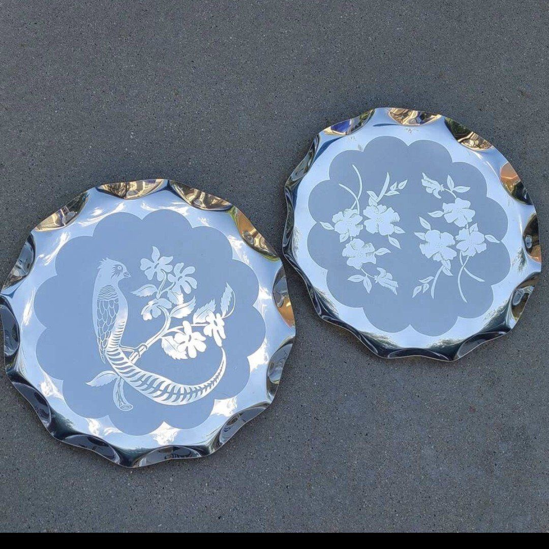 Serving Trays w/ Etched Bird & Floral Design