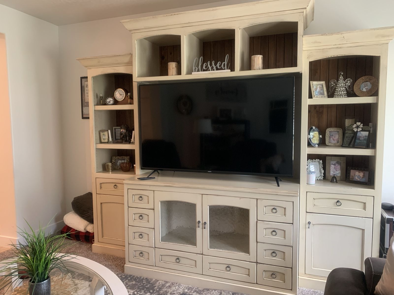$8000 Custom Cream Entertainment Center TV Stand with Built-in Shelving & Storage Drawers with FREE TV!