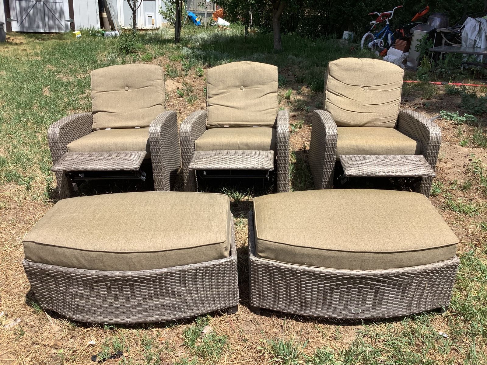 Outdoor Wicker Recliner Chairs with Ottomans Brown Wicker, Tan Cushions