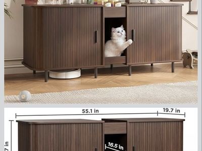 Modern Mid-Century Cat Litter Box Enclosure & Cabinet | 55.1" Hidden Pet Home Furniture