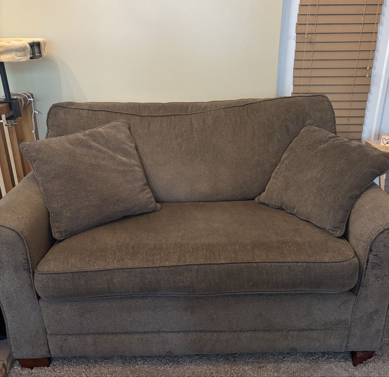Brown Fabric Loveseat Sleeper Sofa with Pull-Out Twin Bed & Throw Pillows