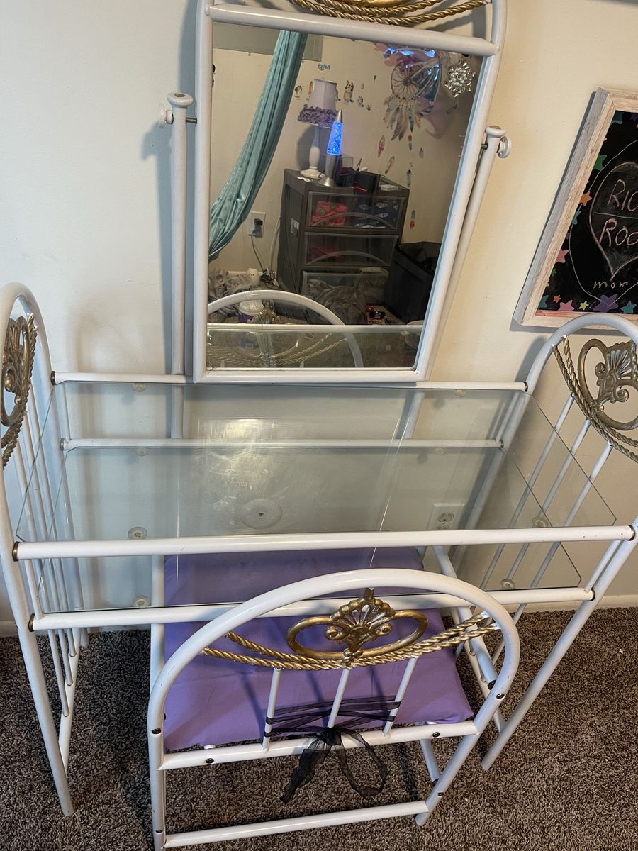 Vintage White Wrought Iron Vanity Desk with Swivel Mirror and Chair - Ornate Gold Accents