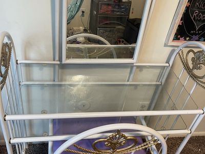 Vintage White Wrought Iron Vanity Desk with Swivel Mirror and Chair - Ornate Gold Accents