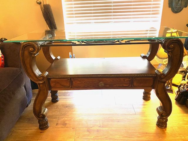 Beautiful hardwood beveled glass and ornate metal design table set