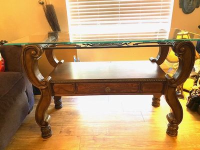 Beautiful hardwood beveled glass and ornate metal design table set