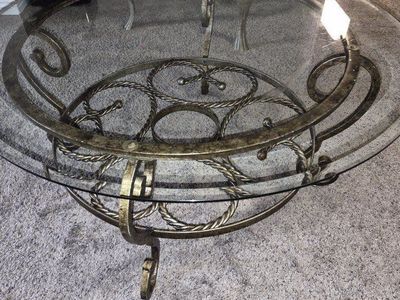 Round Glass Top Coffee Table with Ornate Metal Base