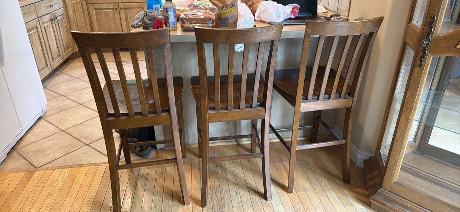 Wooden Bar Stools Set of 3 - Traditional Style, Dark Wood Finish