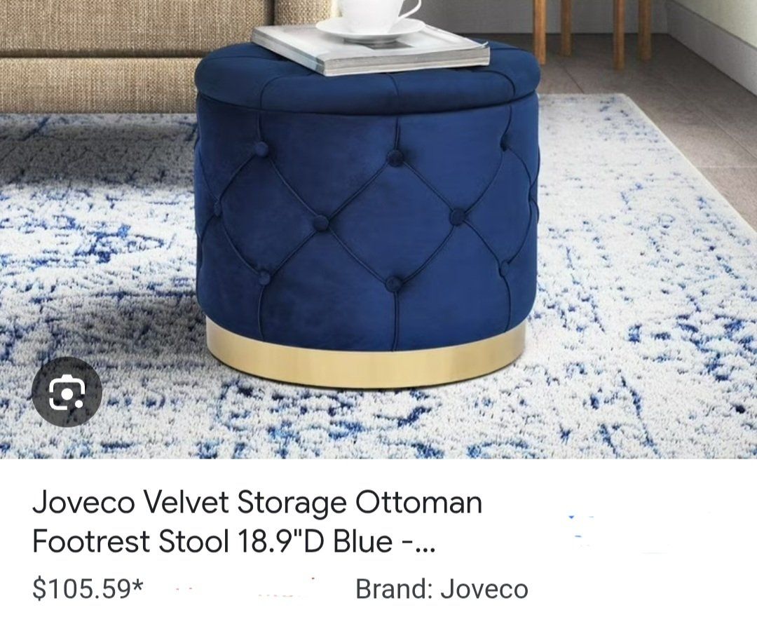 Joveco Blue Velvet Round Storage Ottoman Vanity Stool Gold Base 18.9" D