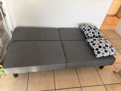 Gray Fabric Convertible Futon Sofa Bed with Two Decorative Pillows