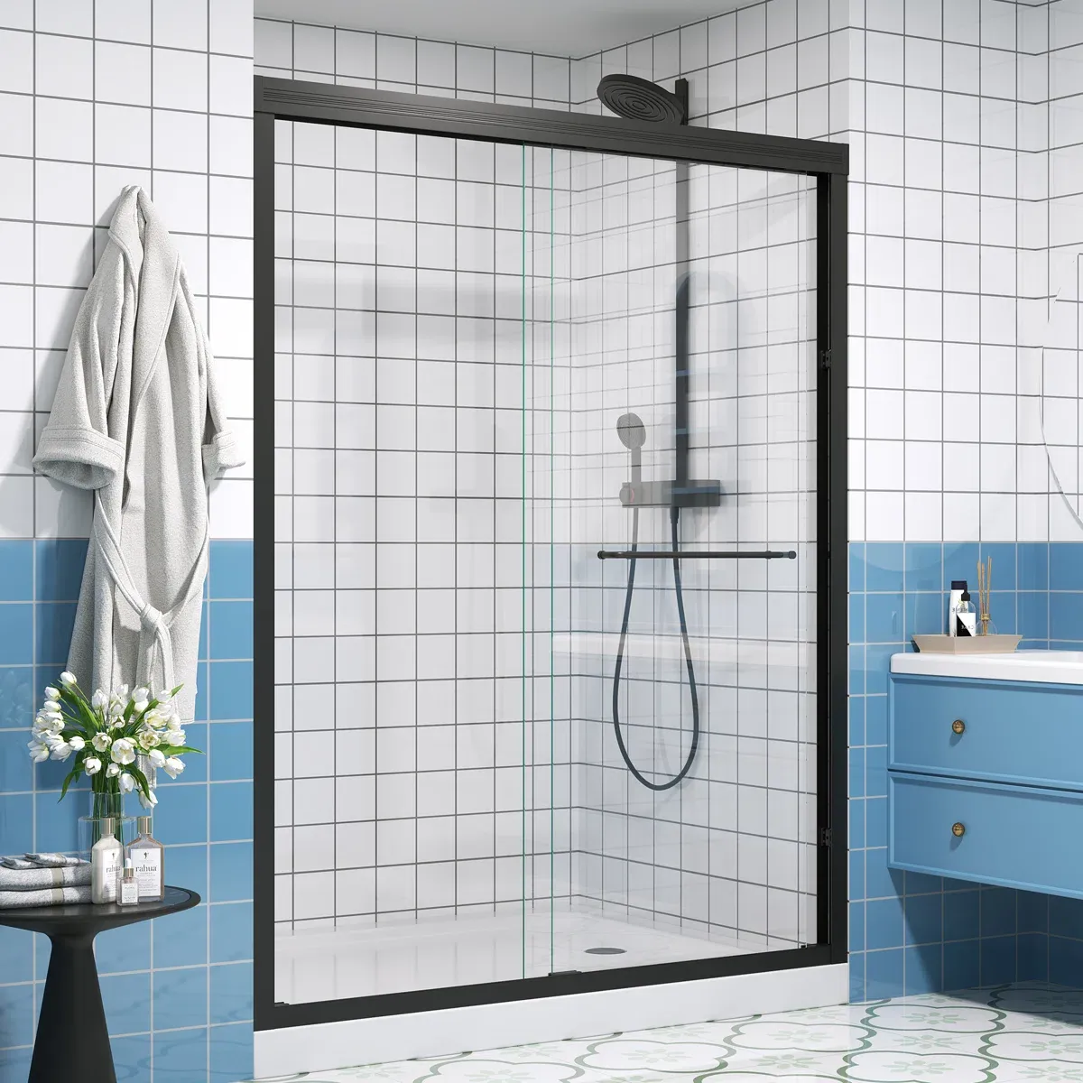 56”-60”x72” Half Frameless Double Sliding Glass Shower Door-matte black W2965p364895