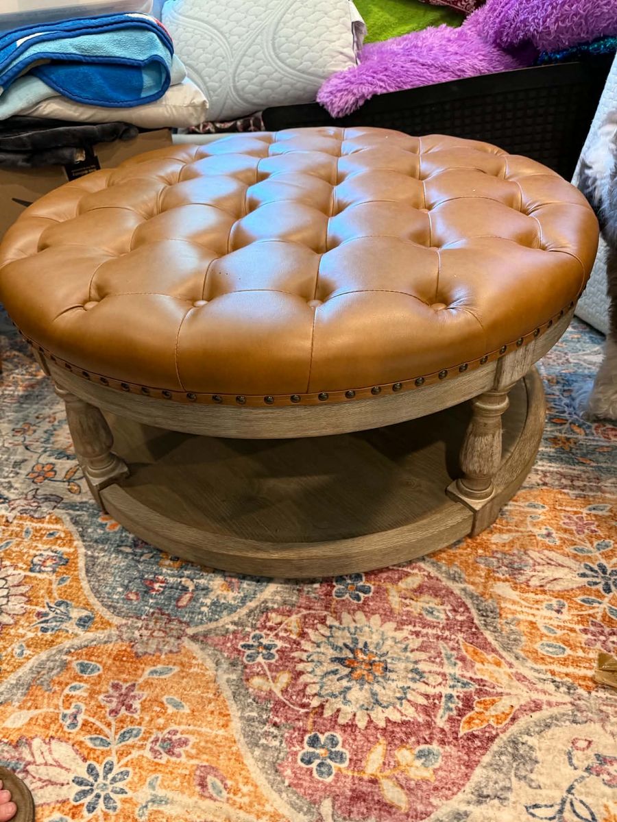 Round wood and vegan leather farmhouse style ottoman