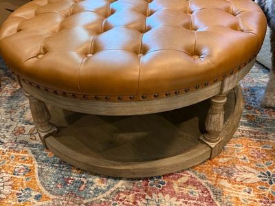 Round wood and vegan leather farmhouse style ottoman