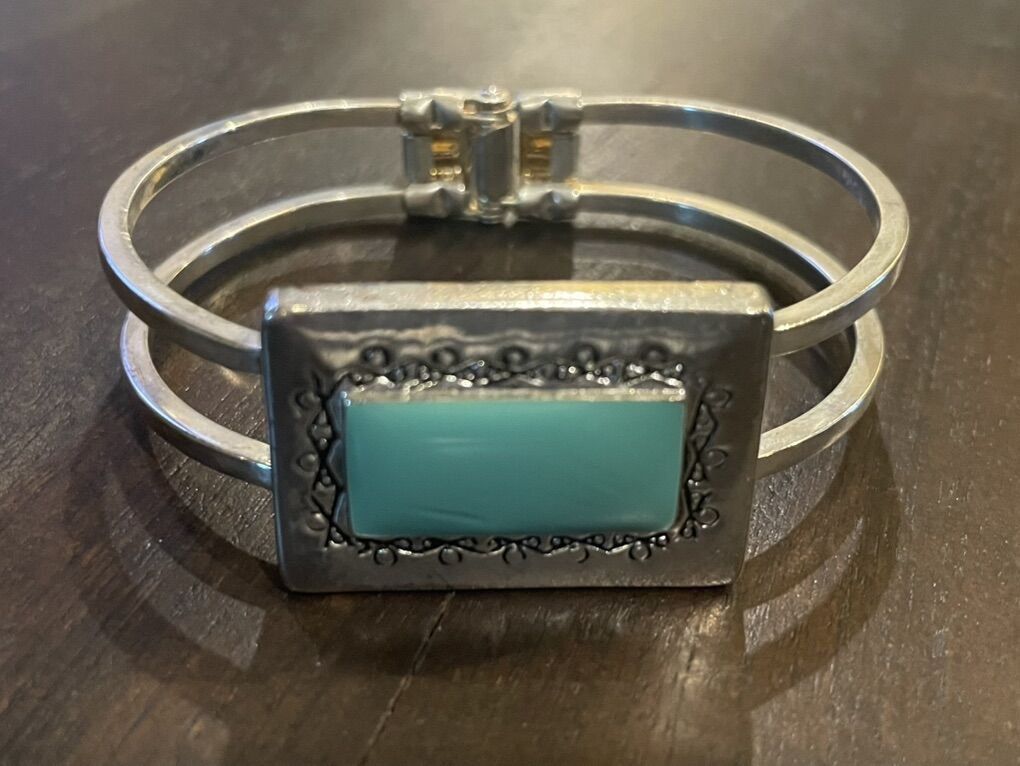 Silver Tone Hinged Bracelet W/ Light Blue Stone