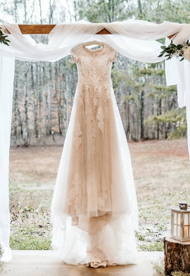 Allure Bridals Lace A-Line Wedding Dress - Tulip Sleeves & Champagne Underlay - Size 2