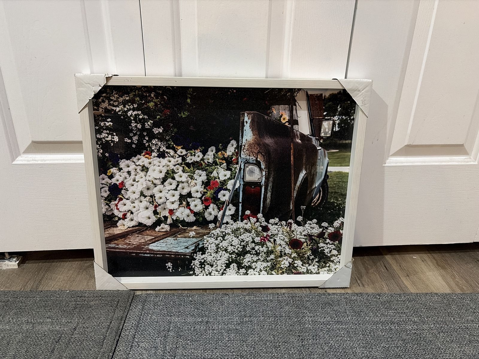 Rustic Farmhouse Truck with Flowers Canvas Wall Art Decor - White Frame