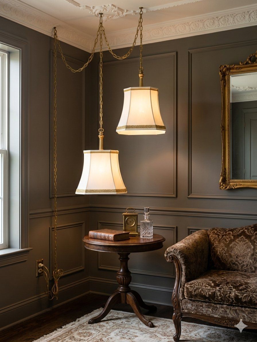 Pair of Brass Swag Lamps with Shades