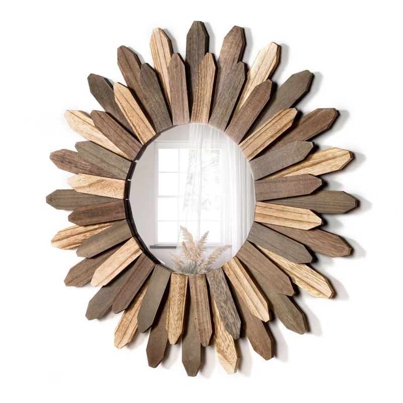 New! Boho Wall Decor 21 Inch Wall Mirror Rustic Wood Decorative Mirror For Room
