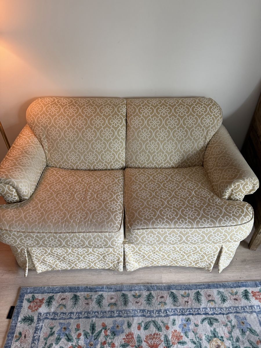 Tan and White Floral Pattern Fabric Loveseat Sofa Set
