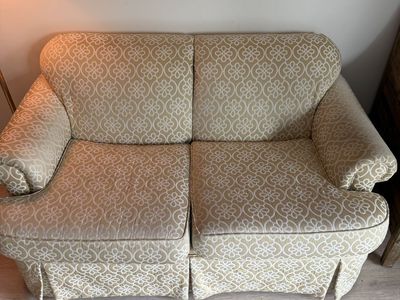 Tan and White Floral Pattern Fabric Loveseat Sofa Set
