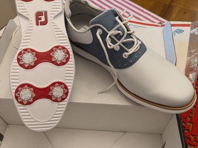 FootJoy Traditions Women's Golf Shoes Size 8.5M White/Blue Spiked NEW never been worn 97903