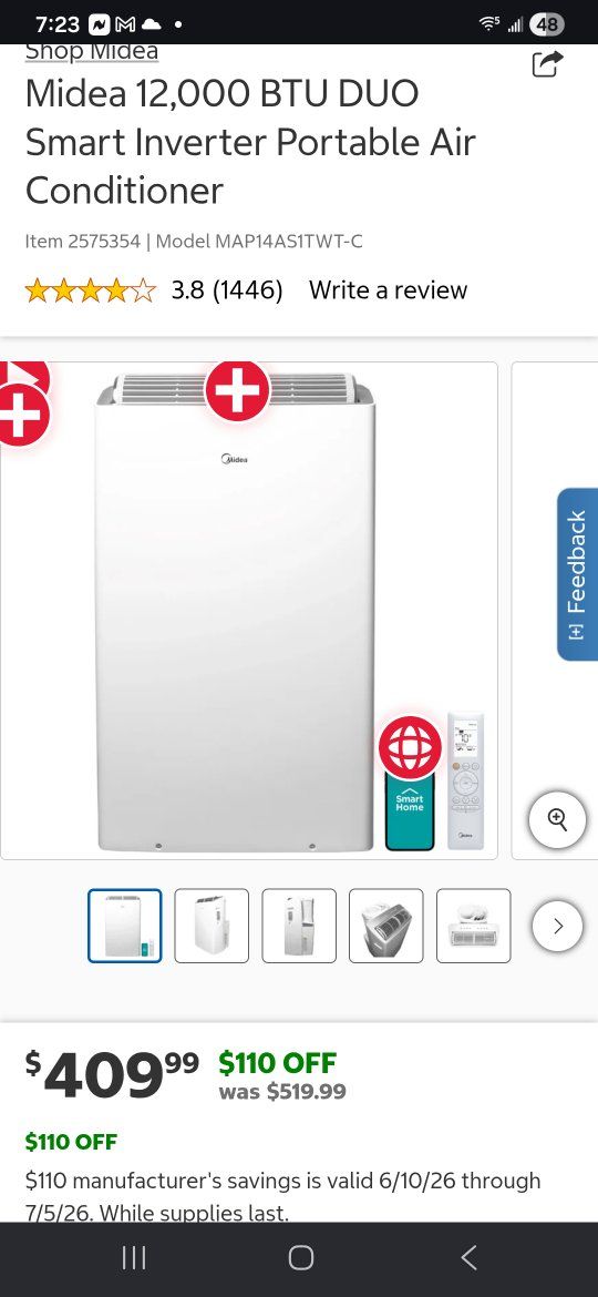 Midea 12,000 BTU DUO Smart Inverter Portable Air Conditioner MAP14AS1TWT-C