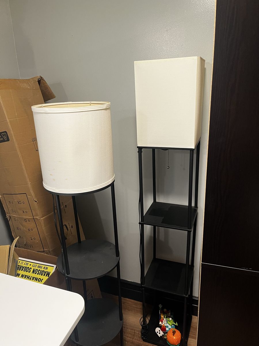Pair of Modern Black Metal Floor Lamps with Shelves - Square & Round Shades