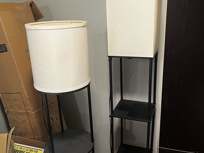 Pair of Modern Black Metal Floor Lamps with Shelves - Square & Round Shades