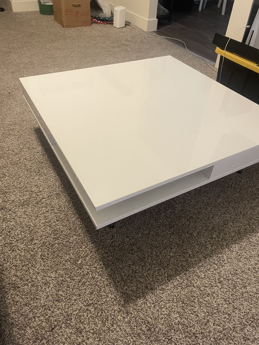 Modern White Square Coffee Table with Open Storage, High Gloss Finish