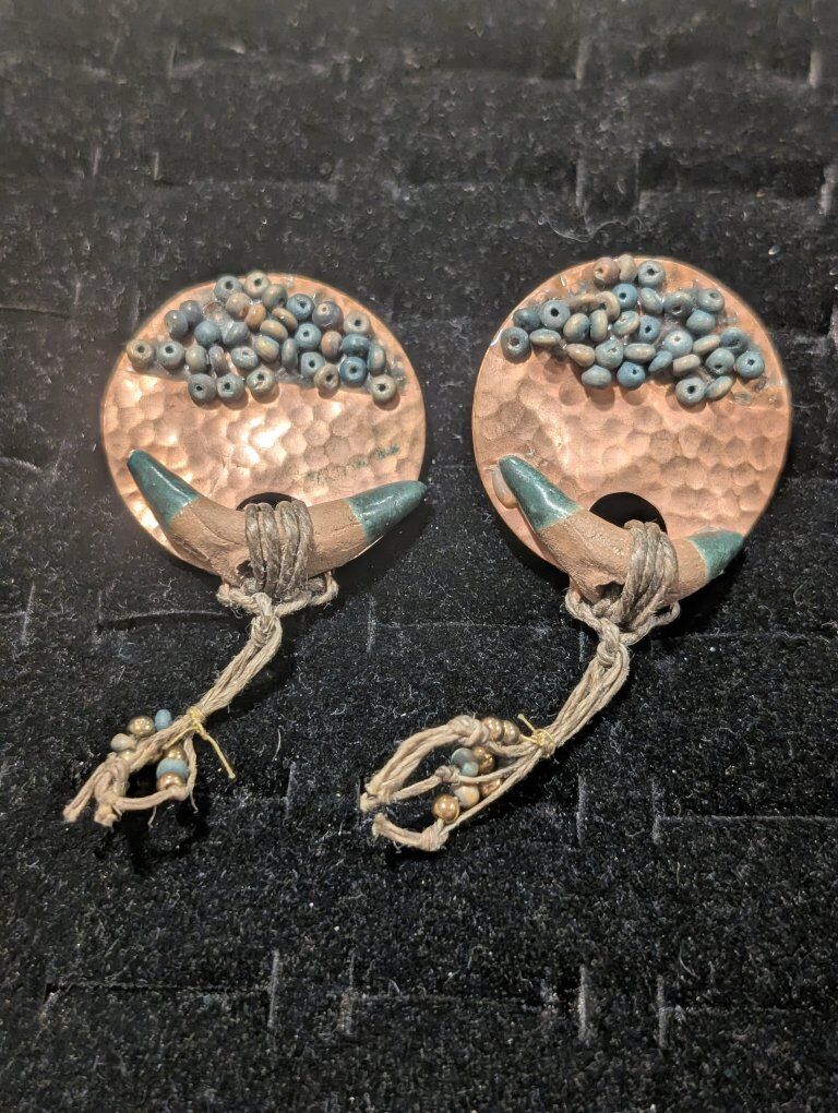 Boho Copper Clip-On Earrings Beaded + Cord Tassel