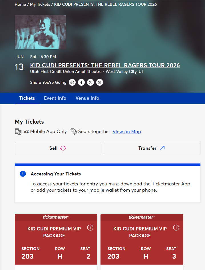 KID CUDI THE REBEL RAGERS TOUR 2026 - 2 VIP Tickets, Utah First Credit Union Amphitheatre, Section 203, Row H