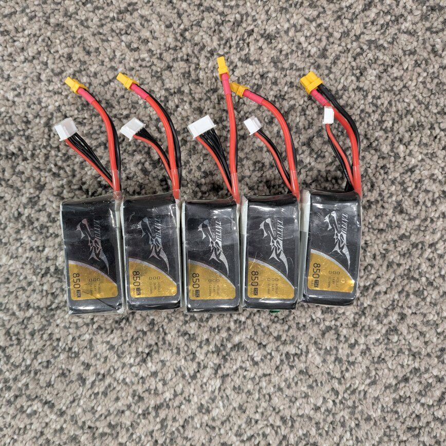 5x USED Tattu 4s 14.8v 850mAh 75C Lipo Batteries