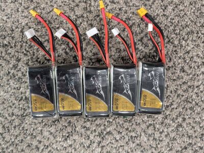 5x USED Tattu 4s 14.8v 850mAh 75C Lipo Batteries