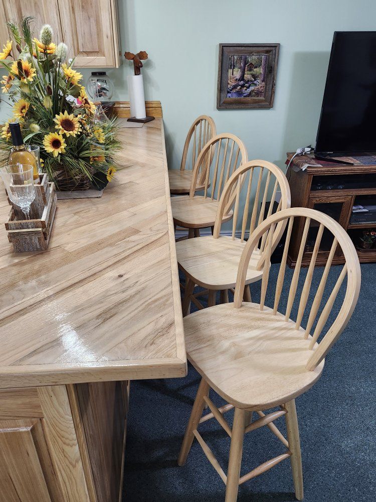 Set of 6 Oak, Swivel Bar Stools - Natural Wood Finish, Counter Height