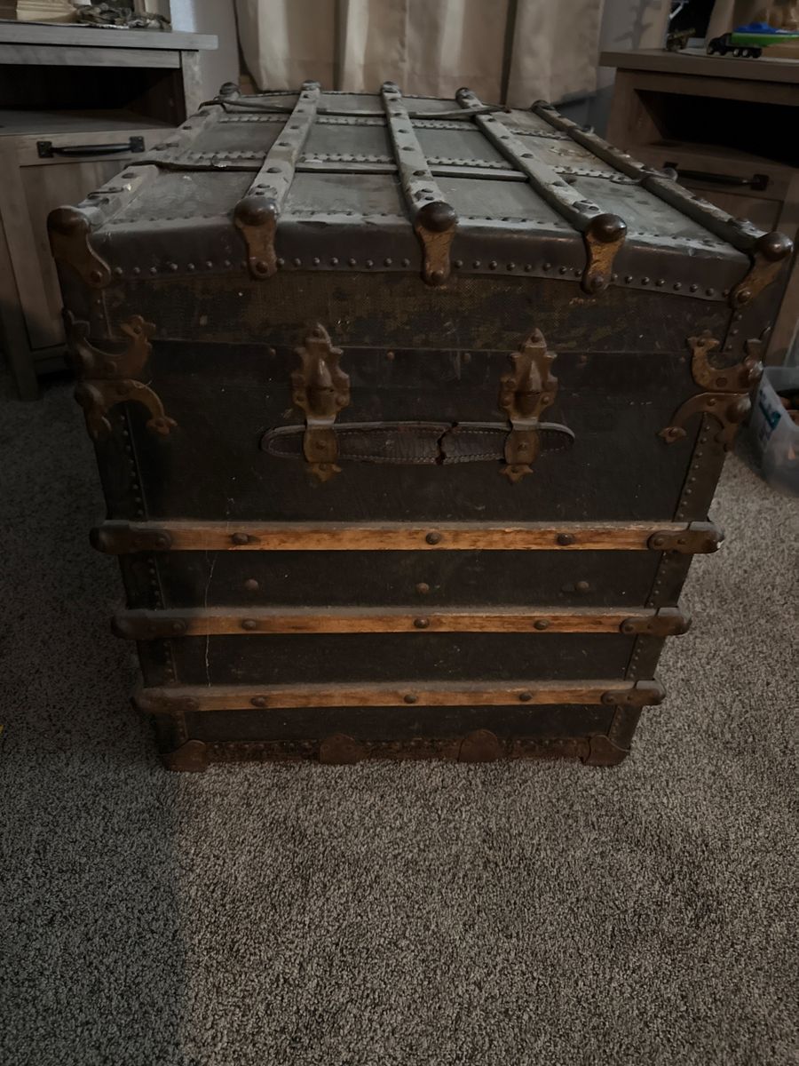 Antique Steamer Trunk - Vintage Chest with Metal Straps & Wooden Slats