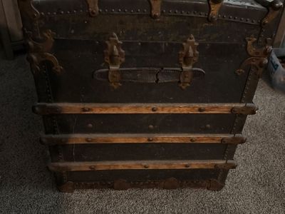Antique Steamer Trunk - Vintage Chest with Metal Straps & Wooden Slats