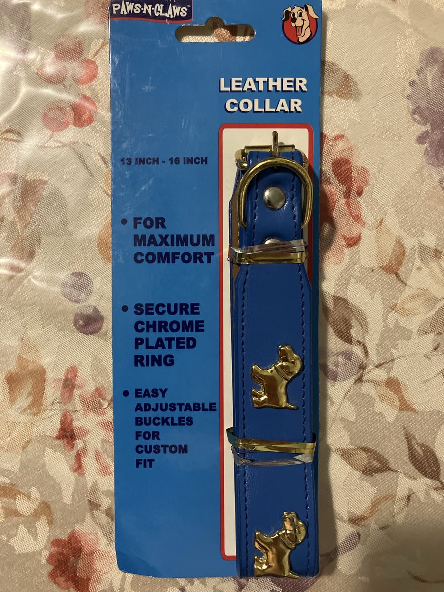 Paws N Claws Leather Dog Collar 13 - 16 Inch Blue with Brass Embellishments