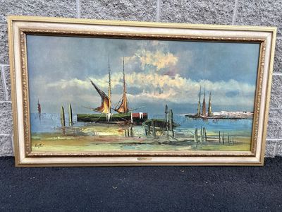 Beautiful vintage Mid Century Modern framed print, MCM. “Red Sails” by Venturi sailboats, sailing, marina, ocean