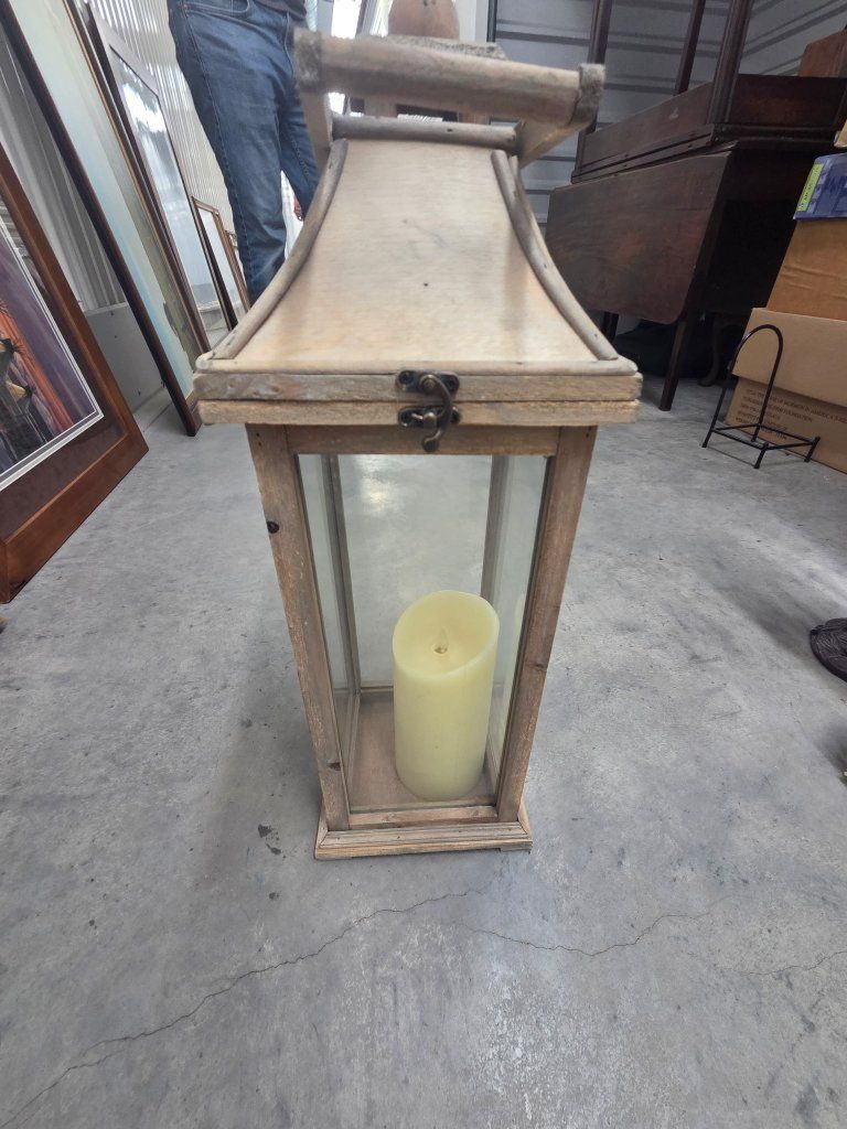 Rustic Farmhouse Wood & Glass Lantern with LED Candle - Decorative Centerpiece