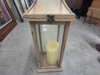 Rustic Farmhouse Wood & Glass Lantern with LED Candle - Decorative Centerpiece