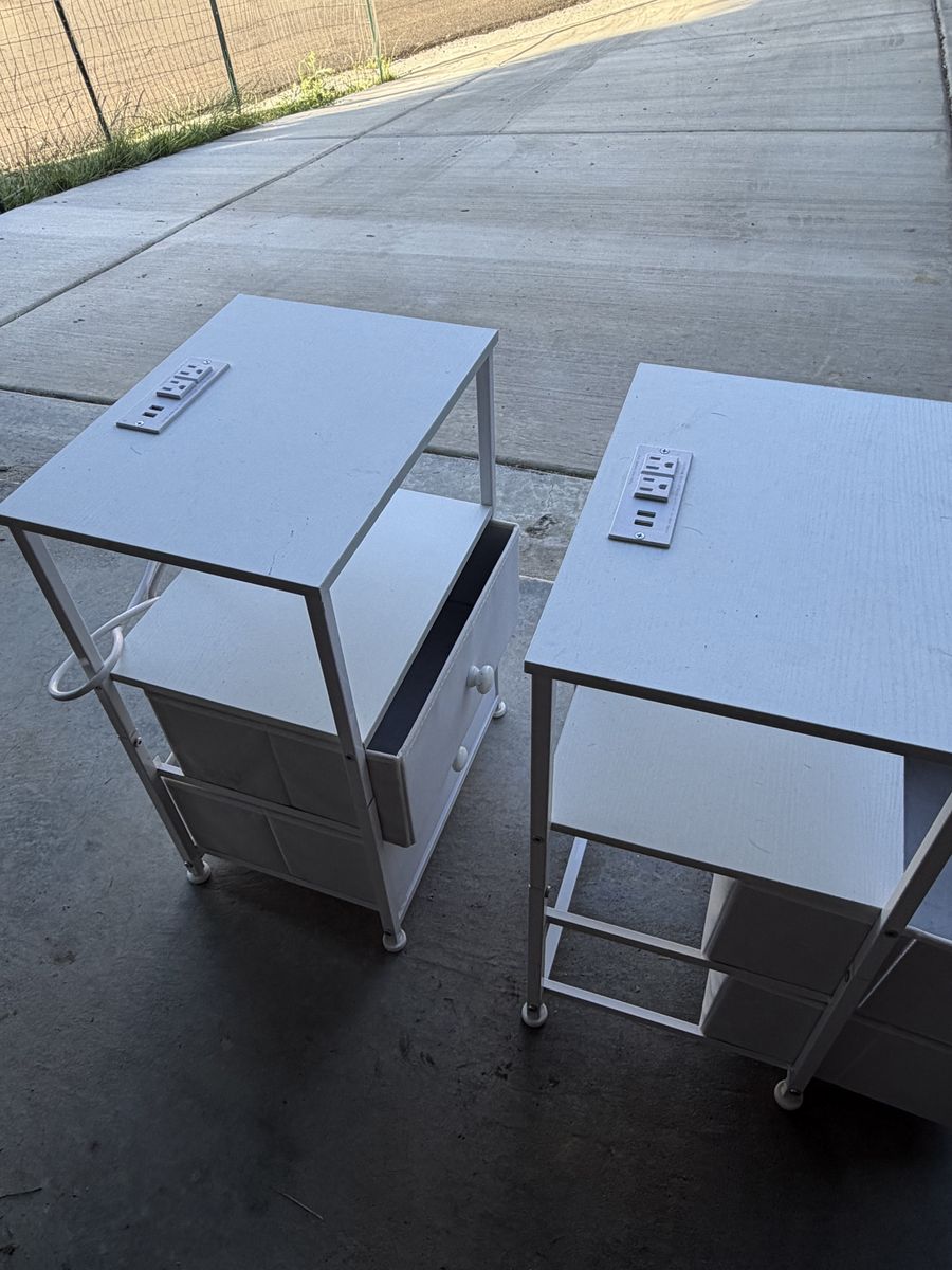 Pair of White End Tables with Power Outlets and USB Ports, Nightstands with Storage