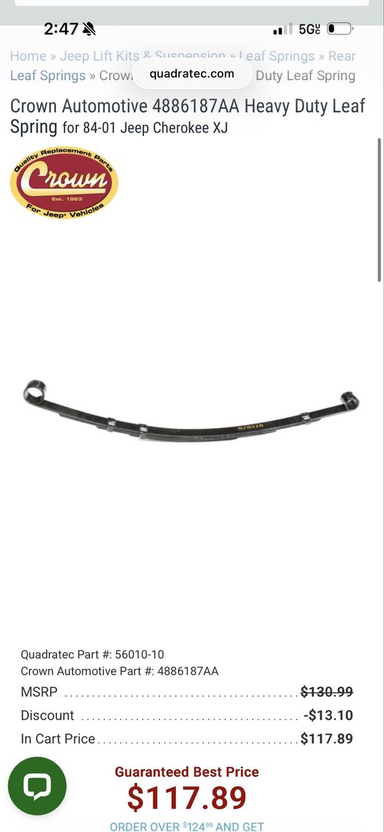 Heavy-Duty Rear Leaf Spring Assembly (4886187AA) – Jeep Cherokee XJ