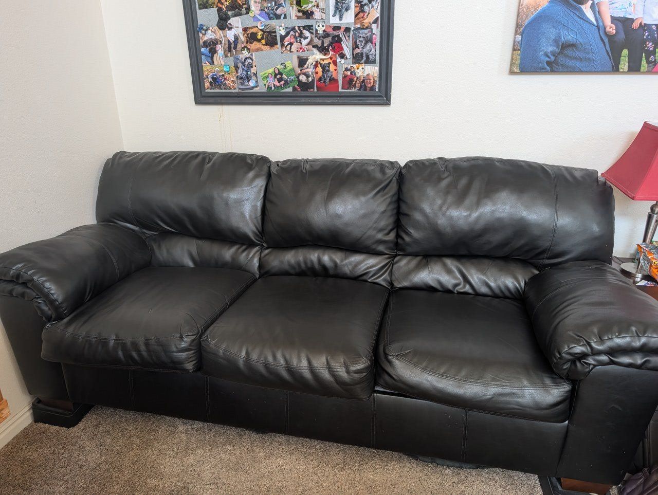 Black Faux Leather Three-Seater Sofa - Some Wear, Comfortable Seating