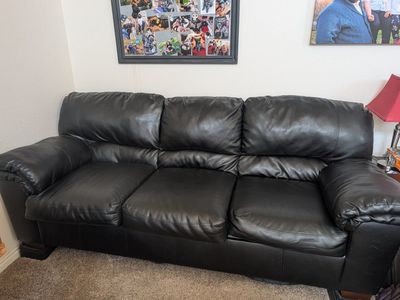 Black Faux Leather Three-Seater Sofa - Some Wear, Comfortable Seating