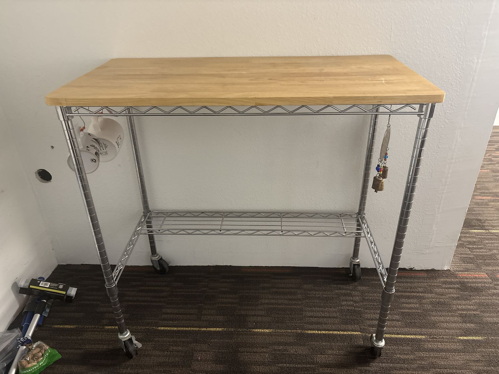 Wire Storage Cart with Wood Top and Rolling Wheels
