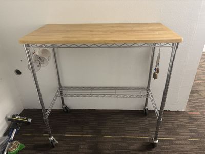 Wire Storage Cart with Wood Top and Rolling Wheels