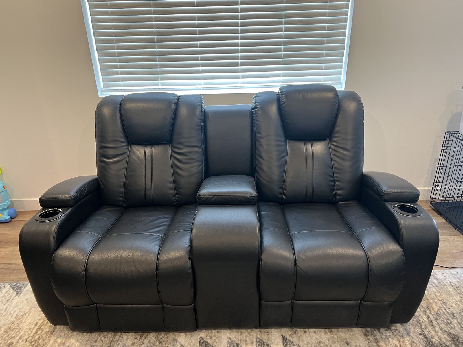 3 Piece Black Leather Power Reclining Theater Sofa & Loveseat Set with LED Lighting & Cupholder