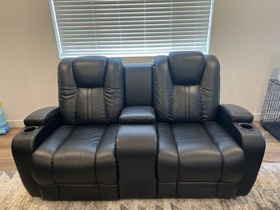 3 Piece Black Leather Power Reclining Theater Sofa & Loveseat Set with LED Lighting & Cupholder